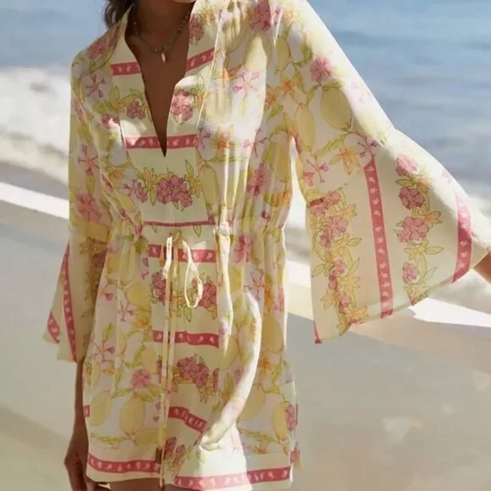 New Anthropologie Maaji Columbia Lemonade Joy Kaftan 3/4 Sleeve Dress Sz S